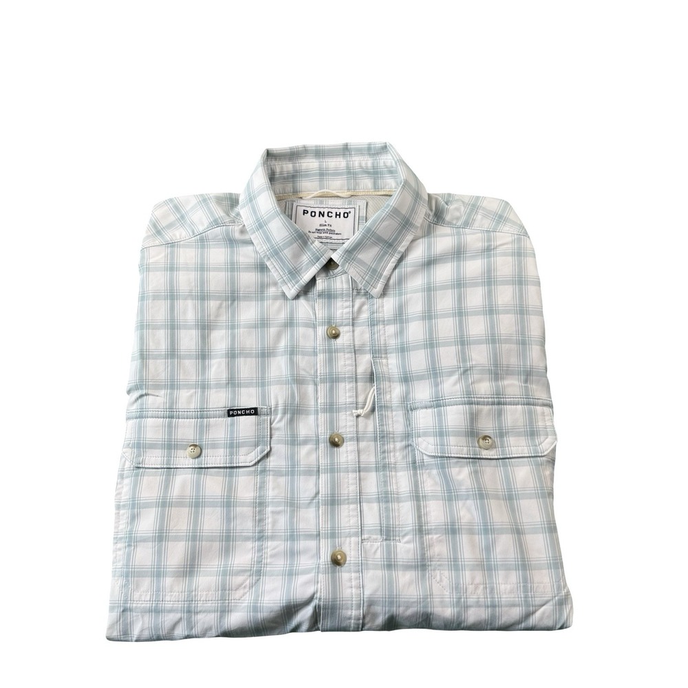 PONCHO Blue White Plaid Performance S/S Pearl Snap Shirt Mens L Slim Fit